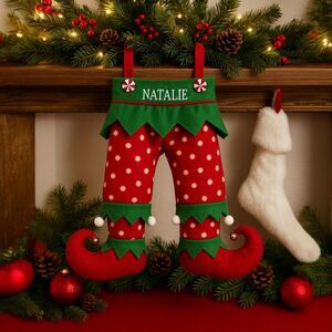 Personalized "Natalie" Elf Pants Stocking Red & Green Jingle Bell Christmas Deco